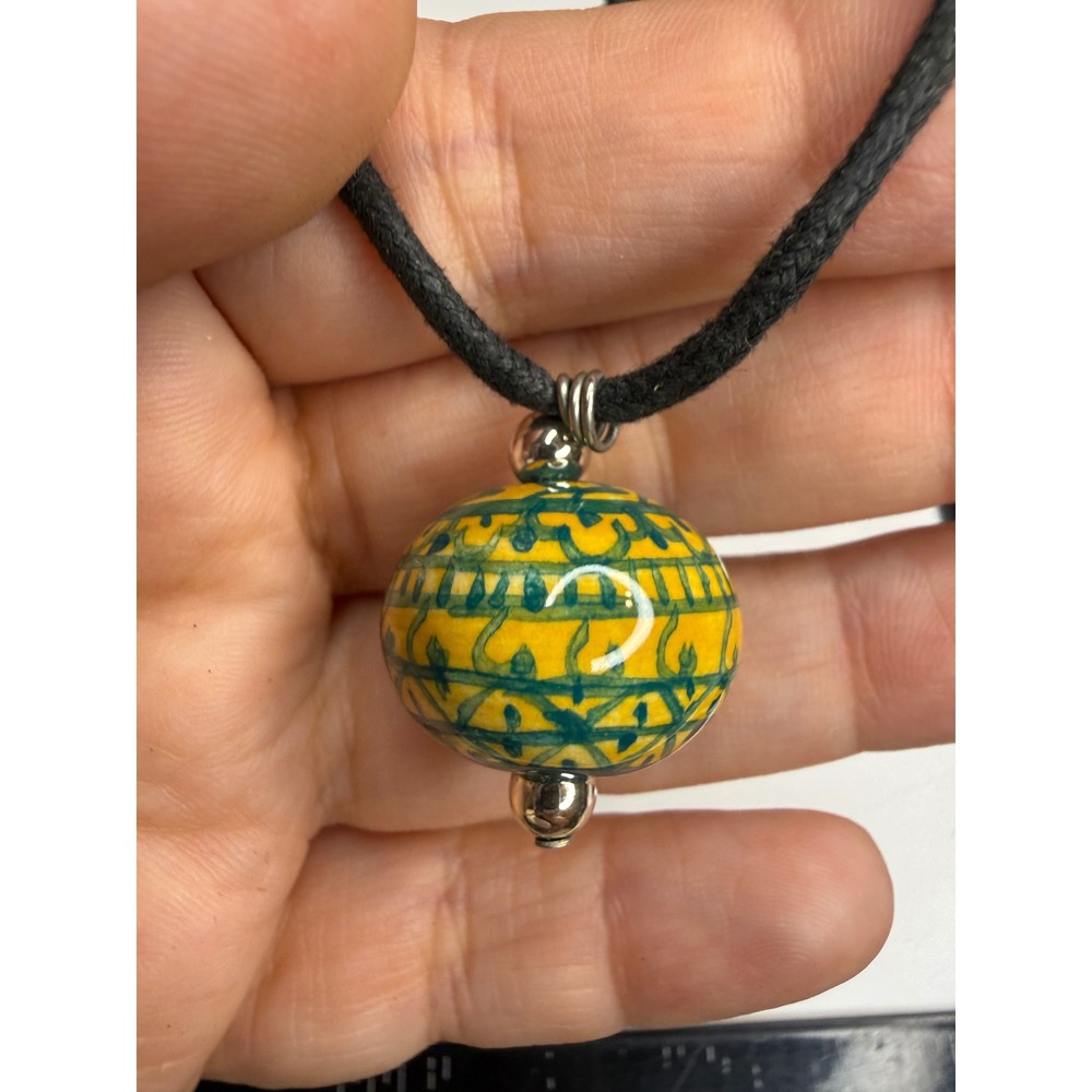 Hand Painted Ceramic Bead Pendant Necklace Yellow Teal Boho Cord Necklace
